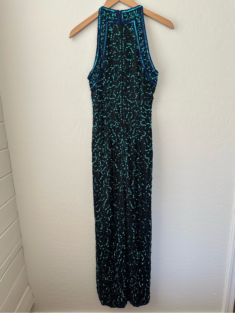 Vintage Laurence Kazar Black Silk Sequin Front Slit Halter Formal Gown, L - Picture 2 of 11